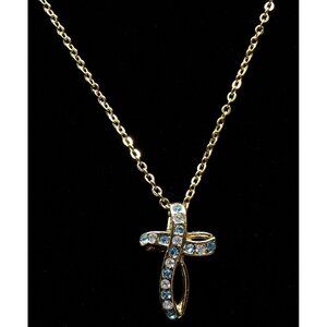 Beautiful Cross Chain Necklace Light Blue White Stones Goldtone